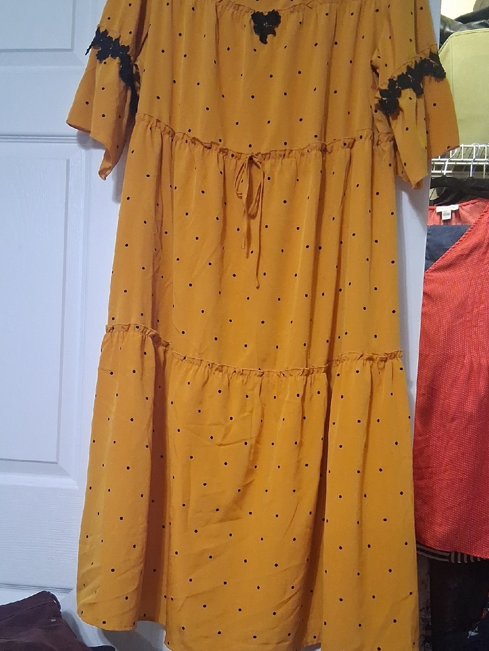 Yx Embellished Lace Mustard Yellow Polka Dot Maxi Dress with Black Trim